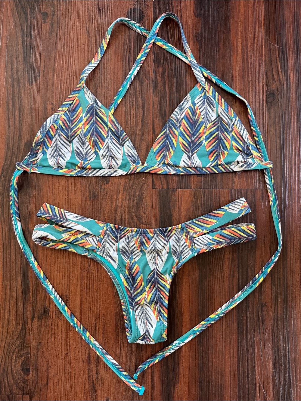 Pakaloha Teal Feather-Print Triangle Bikini